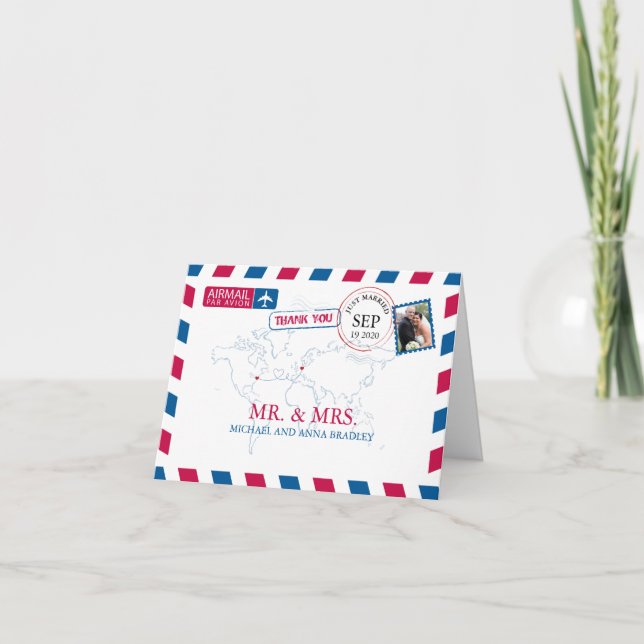 NEW YORK USA & GERMANY Airmail Wedding Thank You Card (Front)