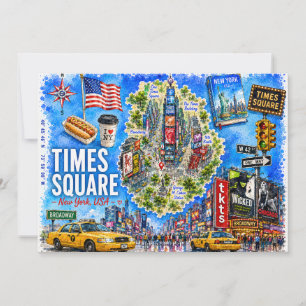 New York USA Illustrated Map Times Square Postcard