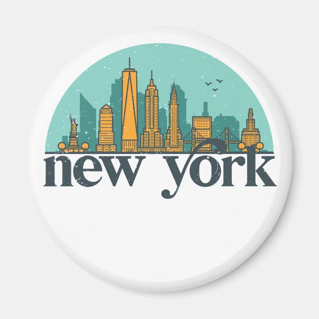 New York Vintage Retro City Skyline Cityscape Art Magnet (Front)