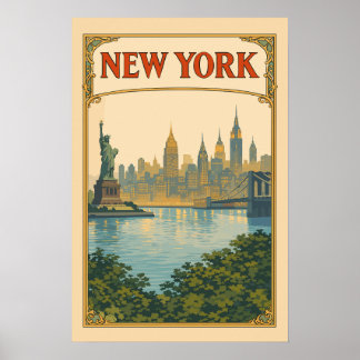 New York Vintage Skyline Travel Poster