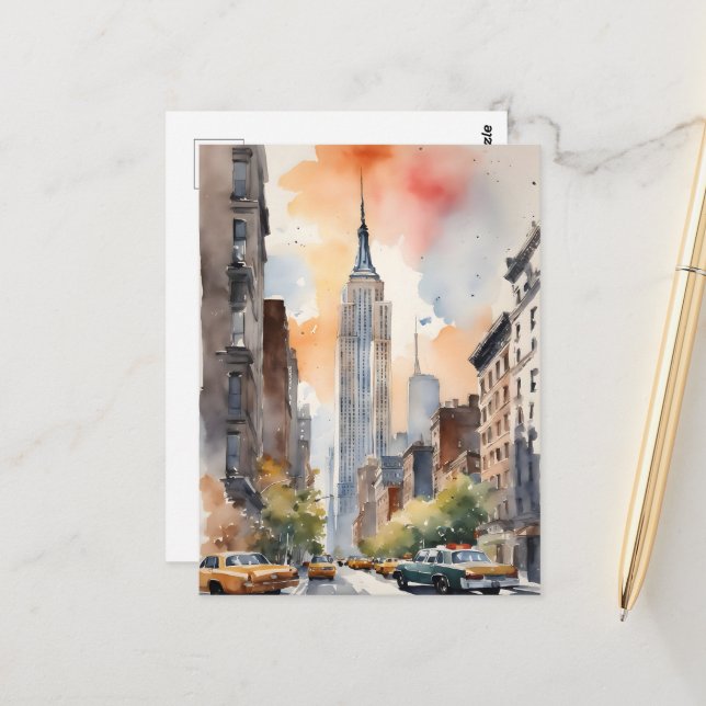 New York watercolor art Postcard (Front/Back In Situ)