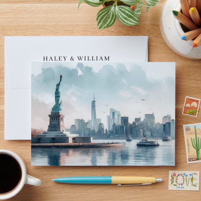 New York Watercolor Illustration Skyline Wedding Envelope (Desk)