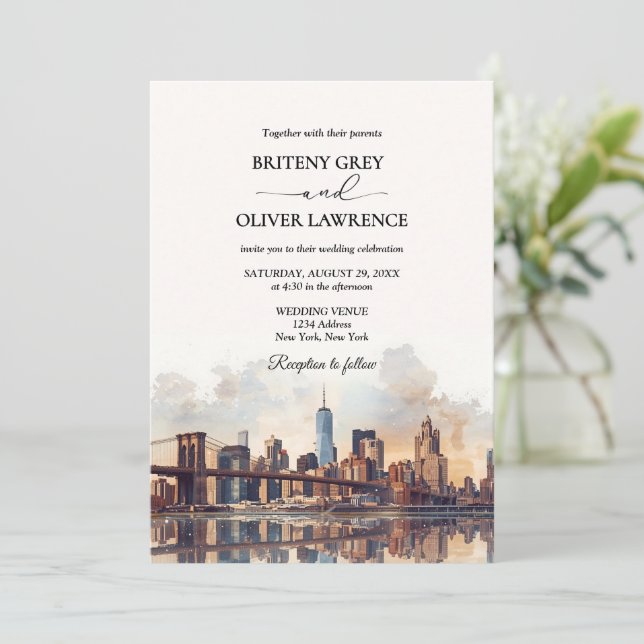 New York Watercolor Skyline Destination Wedding  Invitation (Standing Front)