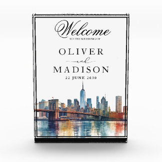 New York Watercolor Skyline Wedding Welcome Photo Block