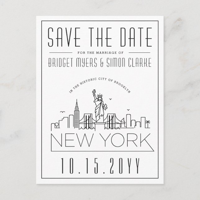 New York Wedding | Stylised Skyline Save the Date Postcard (Front)
