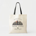 New York Wedding | Stylised Skyline Tote Bag<br><div class="desc">A unique wedding tote bag for a wedding taking place in the city of New York. This tote features a stylised illustration of the city's unique skyline with its name underneath. This is followed by your wedding day information in a matching open lined style.</div>