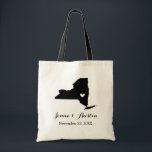 New York Wedding Welcome Tote Bag<br><div class="desc">Welcome out of town wedding guests with a bag full of snacks and treats personalised with the state where you're getting married and the bride and groom's names and wedding date. Click Customise It to move the heart to show any city or location on the state map. Use the design...</div>