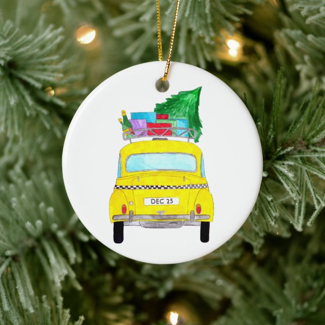 New York Yellow Cab Taxi Christmas Gifts Ceramic Ornament (Tree)
