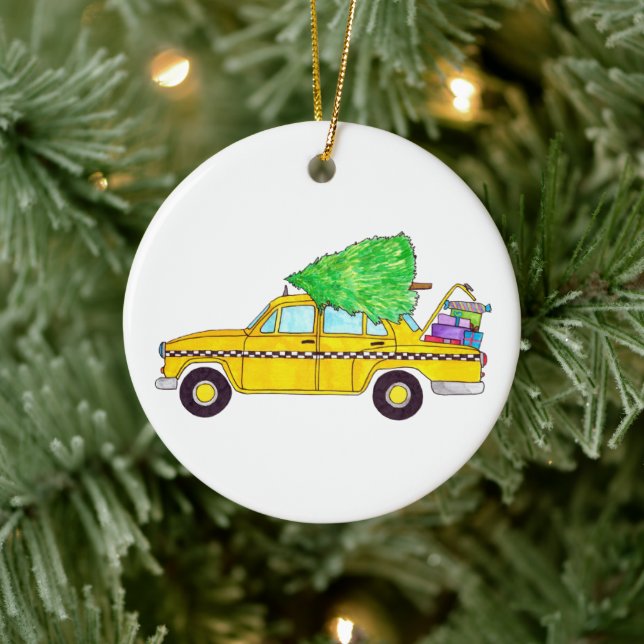 New York Yellow Cab Taxi Christmas Gifts Ceramic Ornament (Tree)