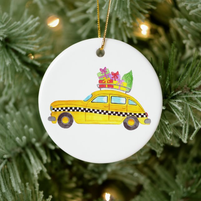 New York Yellow Cab Taxi Christmas Gifts Ceramic Ornament (Tree)