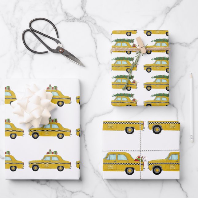 New York Yellow Cab Taxi Christmas Gifts Wrapping Paper Sheet (Front)
