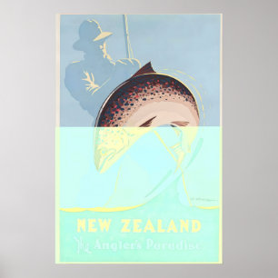 New Zealand Anglers Paradise Vintage Travel Poster