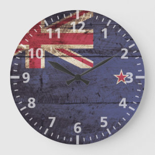 New Zealand Flag on Old Wood Grain Large Clock