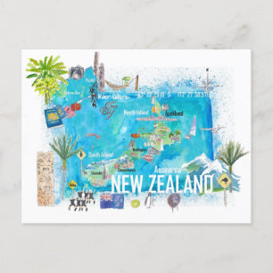 New Zealand Illustrated Travel Map Postcard
