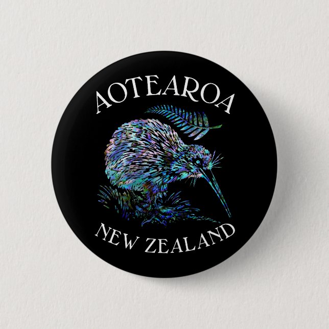 NEW ZEALAND KIWI PAUA 6 CM ROUND BADGE (Front)