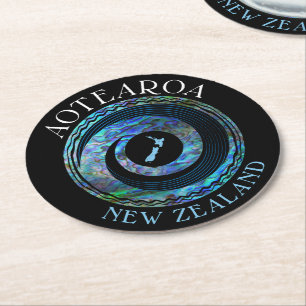 NEW ZEALAND KORU MAP PAUA ROUND PAPER COASTER