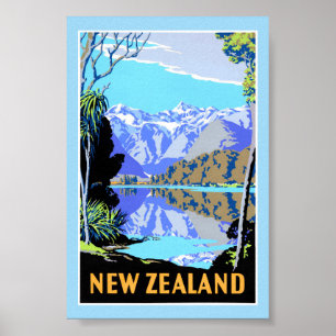 New Zealand Lake Matheson Vintage Travel Poster