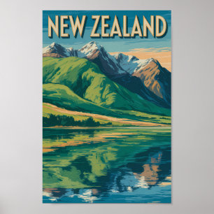 New Zealand Landscape Illustration Travel Art Poster