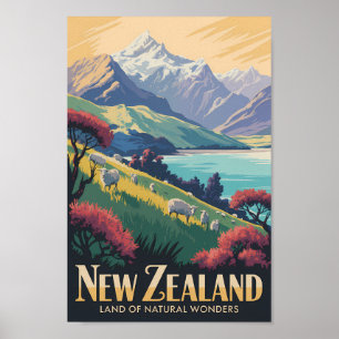 New Zealand Landscape Illustration Travel Art Vint Poster