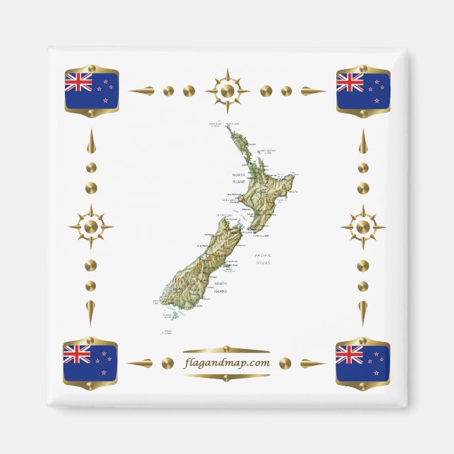 New Zealand Map + Flags Magnet (Front)