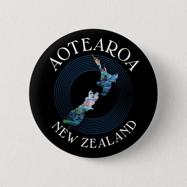 NEW ZEALAND MAP PAUA 6 CM ROUND BADGE (Front)