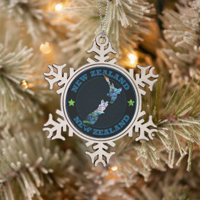 NEW ZEALAND MAP SIMPLE PAUA SNOWFLAKE PEWTER CHRISTMAS ORNAMENT (Tree)