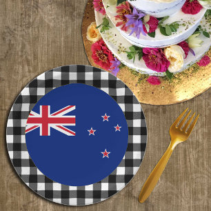 New Zealand Plate, buffalo plaid, New Zealand Flag Paper Plate
