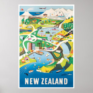 New Zealand Print Travel Poster Map Print