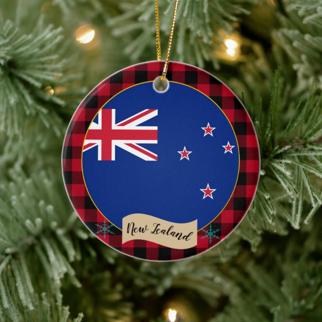New Zealand, Red buffalo plaid & New Zealand Flag Ceramic Ornament (Tree)