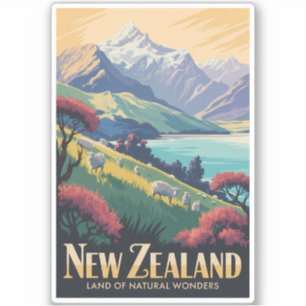 New Zealand Sheep Illustration Travel Art Vintage