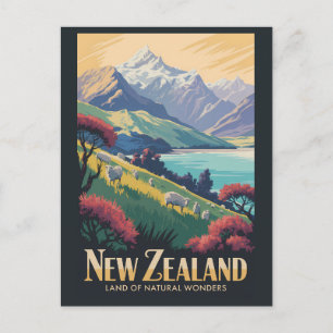 New Zealand Sheep Illustration Travel Art Vintage Postcard