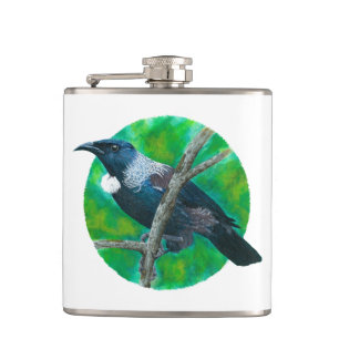 New Zealand Tui - Painting in acrylic Hip Flask