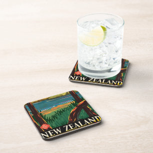New Zealand Vintage Travel Poster Coaster