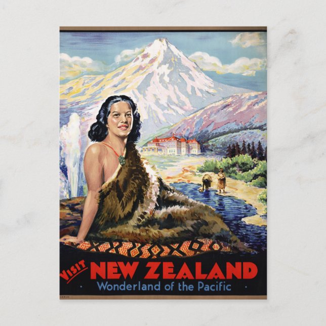 New Zealand Vintage Travel Poster Restored Postcard (Front)