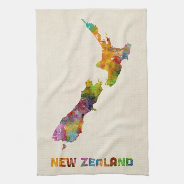 New Zealand, Watercolor Map Tea Towel (Vertical)
