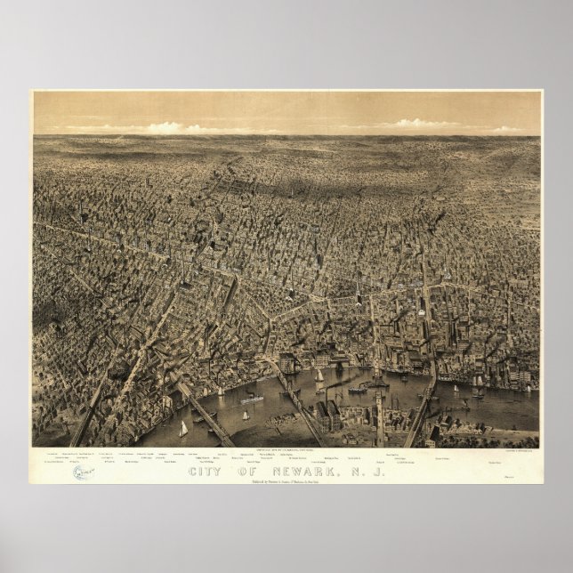 Newark New Jersey 1874 Antique Panoramic Map Poster (Front)