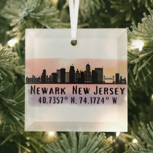 Newark NJ City Skyline Latitude and Longitude  Glass Tree Decoration