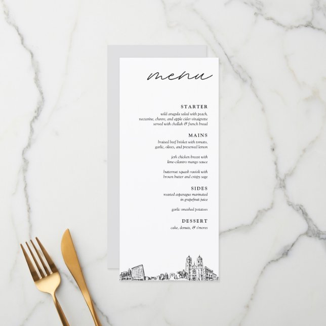 Newark Skyline Modern Wedding Dinner Menu (Front/Back In Situ)