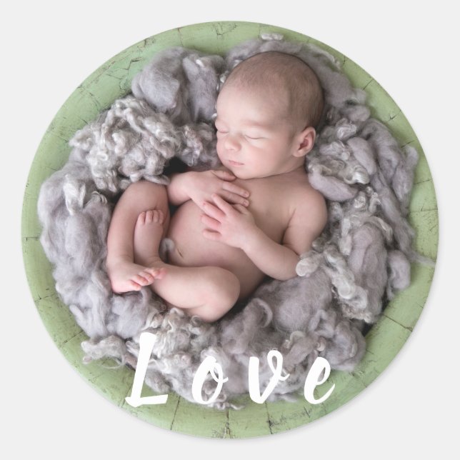Newborn baby announcement love Baby photo picture Classic Round Sticker (Front)