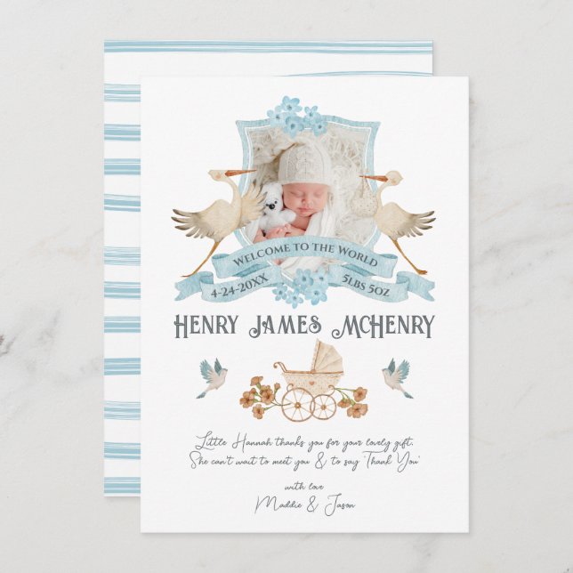 Newborn Baby Birth Announcement Photo Crest Stork (Front/Back)