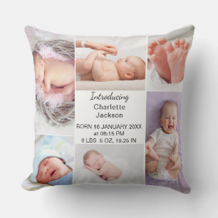 Newborn Baby Birth Stats & Photo Collage Plaque Cushion