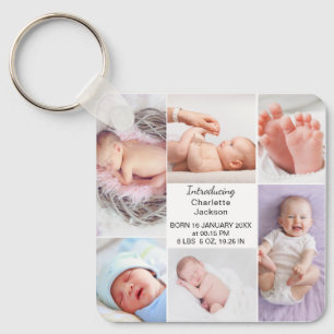 Newborn Baby Birth Stats & Photo Collage Plaque Key Ring