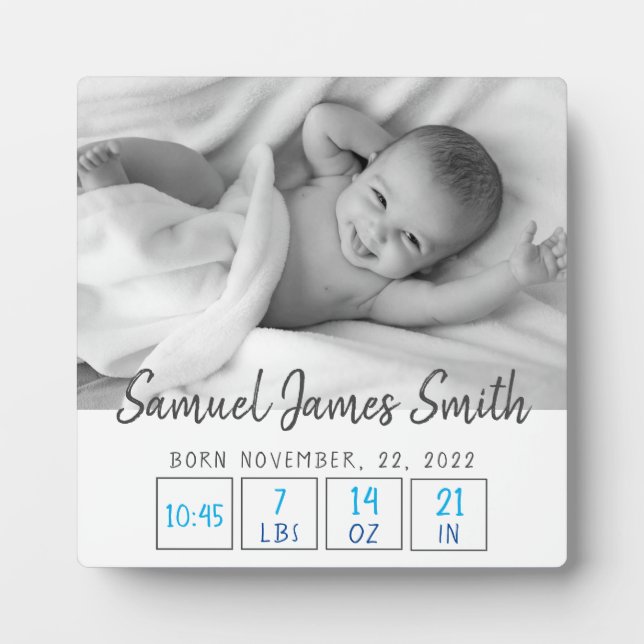 Newborn baby boy birth stats simple white  plaque (Front)