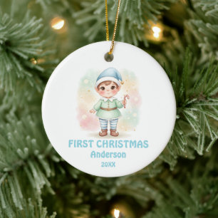 Newborn Baby Boy First Christmas Elf Photo Ceramic Ornament