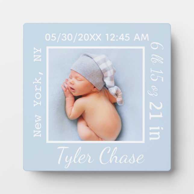 Newborn Baby Boy Gift Birth Stats Announcement Plaque (Front)