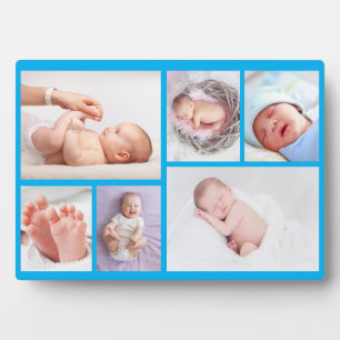 Newborn baby boy Personalised 6 Photo blue Plaque