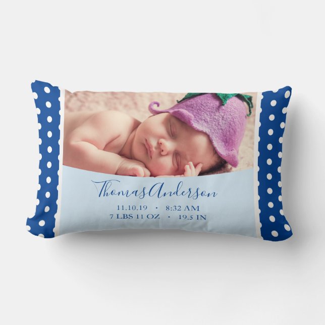 Newborn Baby Boy with Birth Stats and Photo Lumbar Cushion (Front)