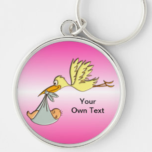 Newborn Baby Girl - A Flying Stork Delivery Key Ring