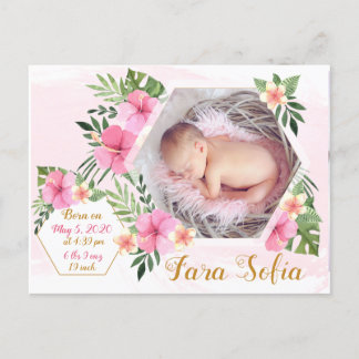 Newborn Baby Girl Announcement- Tropical Flowers Announcement Postcard
