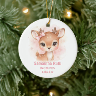 Newborn Baby Girl Birth Stats Deer Photo Ceramic Ornament